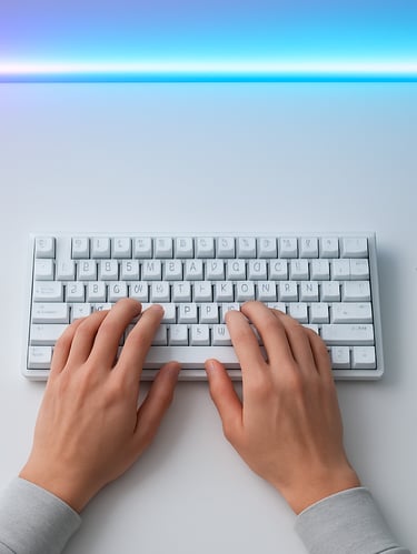 Minimalist clean workspace, overhead view of hands typing on a mechanical keyboard, glowing blue and violet LED light strip in background, sharp focus, 35mm