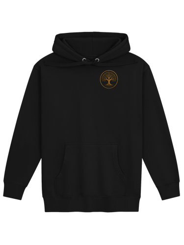 Black pullover hoodie featuring a small gold tree of life logo embroidered on the chest.