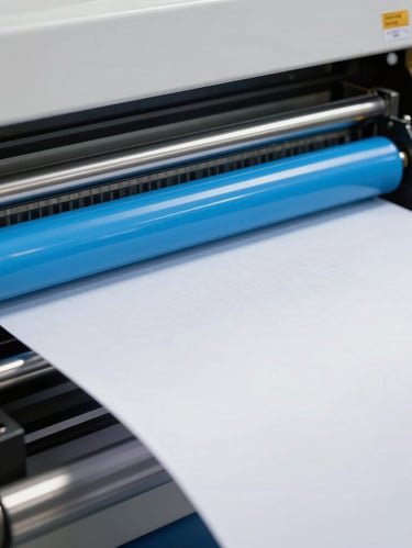 Macro close-up of a high-speed offset printing press in action, bright cyan ink rollers, sharp focus on freshly printed paper sheets, bright industrial lighting, 35mm
