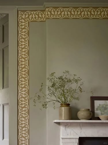 William Morris-inspired interior featuring botanical patterns, natural materials, and traditional Arts and Crafts design.