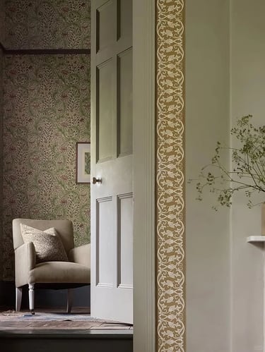 William Morris-inspired interior featuring botanical patterns, natural materials, and traditional Ar