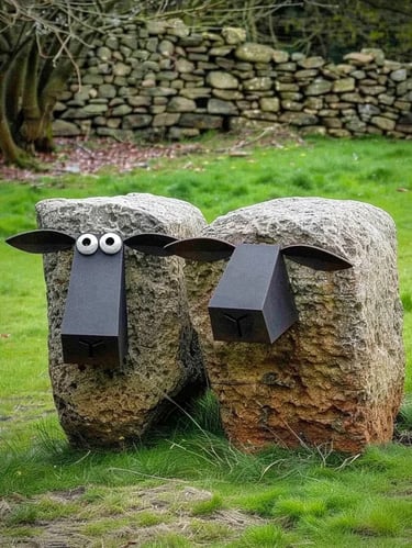 Stone garden sculptures shaped like sheep, using natural rocks and playful metal details in a green