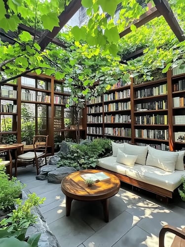 Sheltered garden lounge corner with wooden bookshelves, leafy canopy, soft seating and natural light