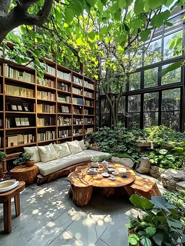 Cozy protected garden corner with outdoor sofa, wood table, bookshelves, stone details and lush gree