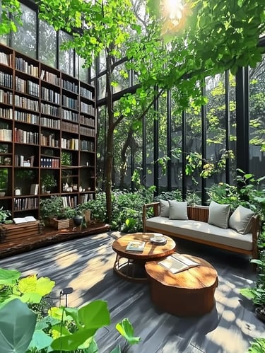 Peaceful garden seating area with bookshelves, soft outdoor sofa, round wood tables and surrounding 