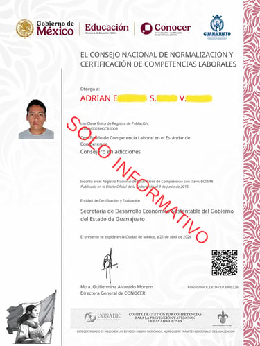Official Mexican CONOCER certificate of labor competence for an addiction counselor in Guanajuato.