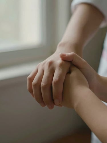 A close-up of a child's hand holding a clinical nurse's hand under soft natural window light, warm editorial photography, deep muted tones, shallow depth of field.
