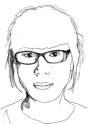 Black and white line drawing of a person wearing rectangular glasses in a minimalist sketch style.