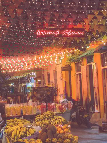 Fruit and lights at night in Cartagena