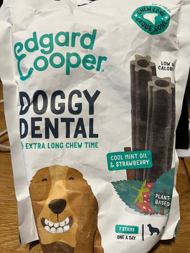 Close up of Edgard Cooper's Doggy Dental packaging