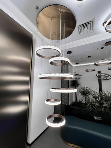 a modern chandelier in showroom
