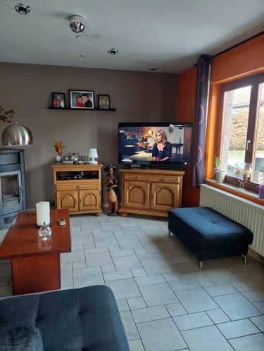 Photo avant conception, d'un salon avec des murs taupe ainsi que des meubles en bois et une TV