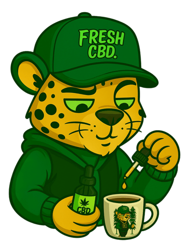 Leopardo Fresh CBD con gorra bebiendo infusión de CBD en taza