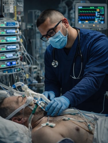 fisioterapeuta realizando inspeção no circuito do ventilador mecanico em uma uti