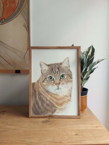 Framed A3 colored pencil cat portrait on a table next to a plant