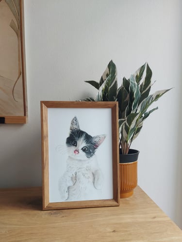 A4 size of a framed hand drawn portrait of a black and white cat