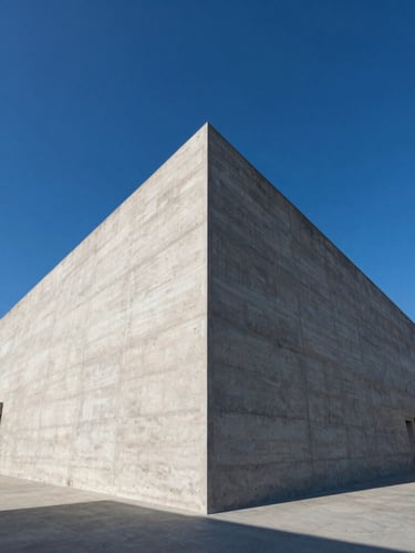 Wide-angle architectural photography of a minimalist concrete structure under sharp natural daylight, geometric shadows, deep blue sky accent