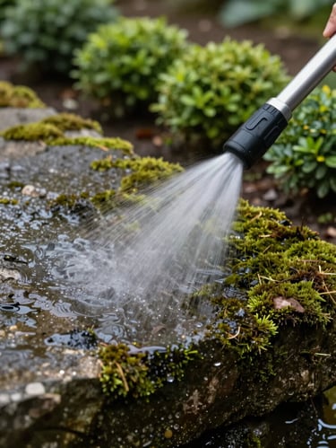 Tight close-up of a soft-wash lance tip spraying a low-pressure mist onto a moss-covered stone surface, a green garden border with intact shrubs visible just beyond the stone edge in soft focus, natural daylight, water droplets catching light against the dark stone