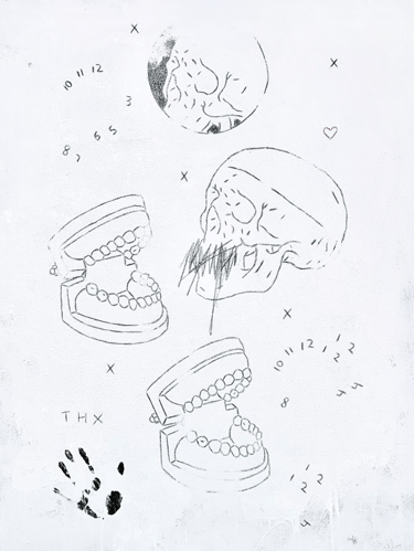 rough anatomical painting with skulls redactions dental anatomicla models and a hand print