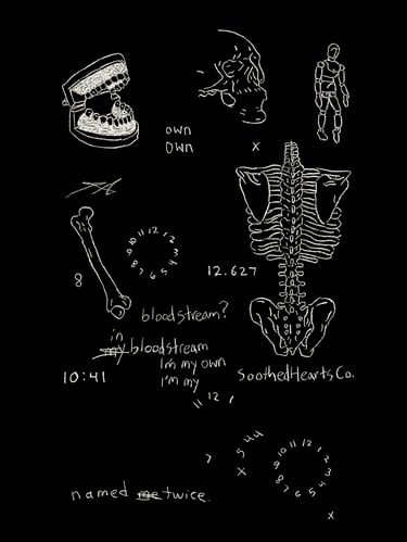 black and white digital art of the human anatomy with clocks and computer codes and cryptic text