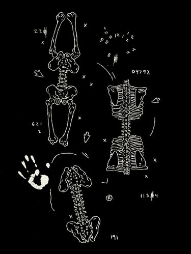 Black and white digital art of human anatomy computer codes and a handprint