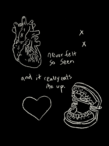 Rough digital art of teeth a heart and cryptic text