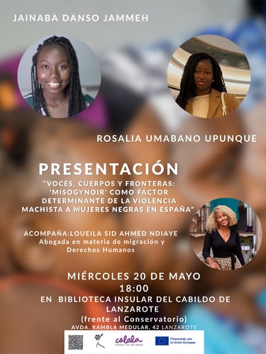 Event poster for a presentation on misogynoir and gender violence featuring Jainaba Danso Jammeh and Rosalia Umabano Upunque.