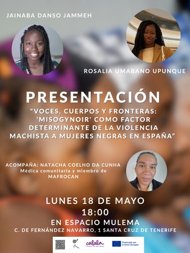 Event poster for a presentation on misogynoir and violence against Black women in Spain featuring three speakers.