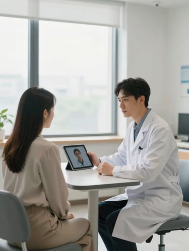 Wide environmental shot of a bright clinic consultation room, a doctor and patient seated across a small table, a coordinator visible on a tablet screen propped between them, diffuse window light, calm and professional