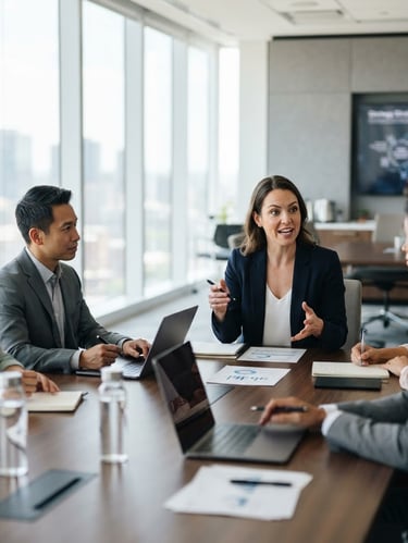 Modern corporate boardroom strategy session, clean professional tones, bright natural office daylight, shallow depth of field, 35mm