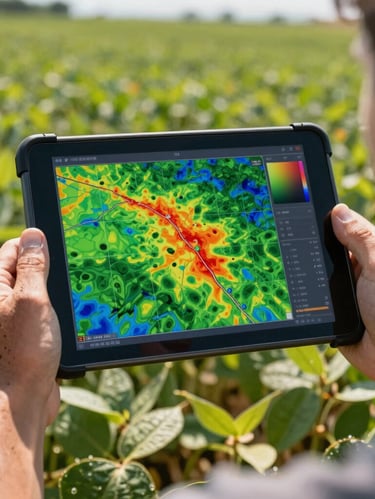 Over-the-shoulder shot of a rugged tablet screen showing a colorful NDVI crop health map, held by hands with dirt on them in a vibrant green soybean field, harsh midday sun.