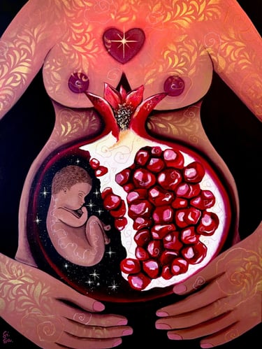 Painting of a baby and pomegranate in a mother's womb, signifying rebirth by artist Silvia Salerno