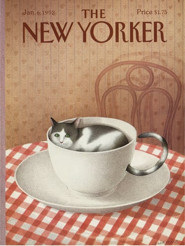 The New Yorker magazine cover from January 1992 featuring an illustration of a cat inside a teacup.