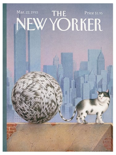 The New Yorker magazine cover from 1993 featuring a cat with a giant yarn ball tail in New York City.