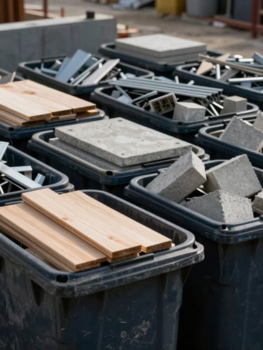 Close-up of sorted construction waste bins, clean wood, metals, and concrete pieces, organized recycling area on a construction site, sharp focus, dramatic lighting