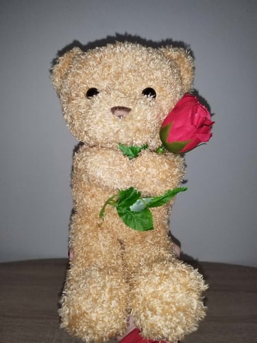 Beige Valentine bear plush holding red rose, soft stuffed animal gift for Valentine’s Day, birthday,
