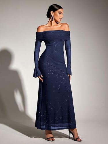 KUTUMAI women’s off-shoulder bodycon mesh maxi dress with ruched detailing and long sheer sleeves