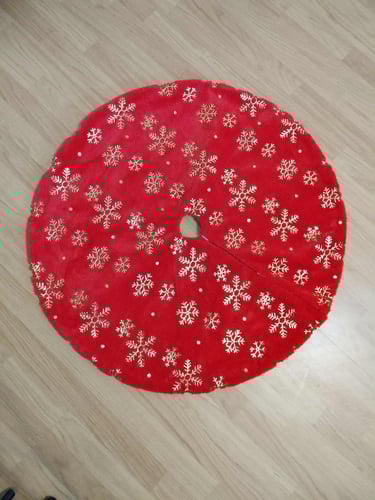 36-inch red faux fur Christmas tree skirt with gold sequin snowflakes for holiday tree decoration 