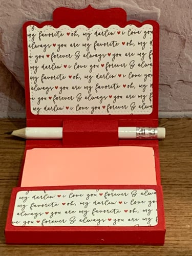 Valentine-themed Post It Note holder with mini pencil
