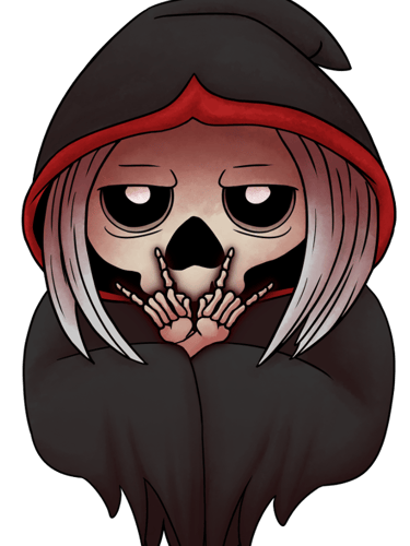 Cartoon Sensenmann, Cartoon Reaper, Skelli, böse miene, Metal Music, Horns up, evil looking