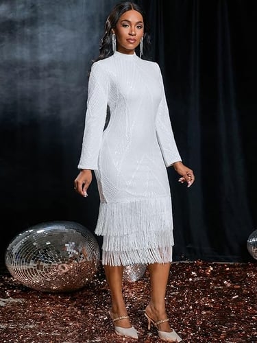 Cololura Sexy Elegant Women Sequin Long Sleeve Tassel Bodycon Midi Dress – Party Evening Gown Formal