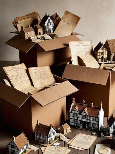 An AI generated image of miniature houses and archival papers spilling out of cardboard boxes