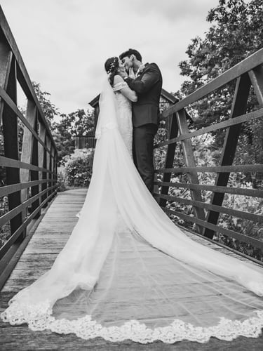 black and white bride and groom portrait, full length cathedral veil