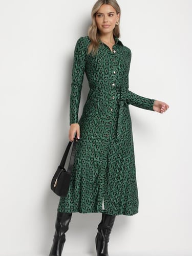 Rochie cămașă Sailise verde, cu model mozaic, decolteu cu guler și cordon în talie,
