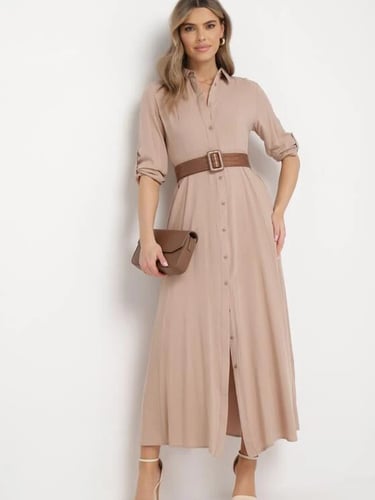 Rochie Controllable bej, maxi, tip cămașă cu nasturi, guler clasic, mâneci suflecate și buzunare