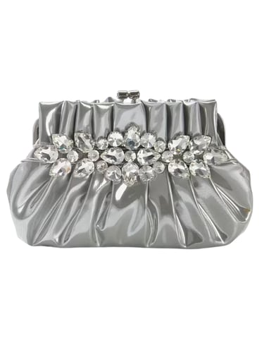 Silvery Glossy Pleated Evening Bag – Rhinestone PU Clutch with Detachable Straps