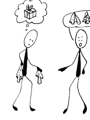 Two stick men, one has two Noseknot hankies and is thinking of a gift, the other is asking about the