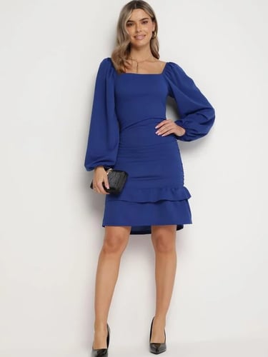 Rochie Derozza albastră, mini cu volane la tiv, mâneci bufante cu elastic și pliuri decorative