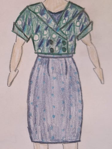 The fashion sketch of a navy polka dot reversible sheath dress and green 50's inspired jacket