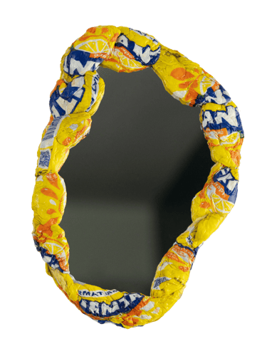 a mirror with a yellow and blue floral design